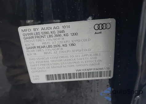 2015 Audi Q5 2.0T Premium из США, поврежденный, VIN WA1CFAFP1FA065135